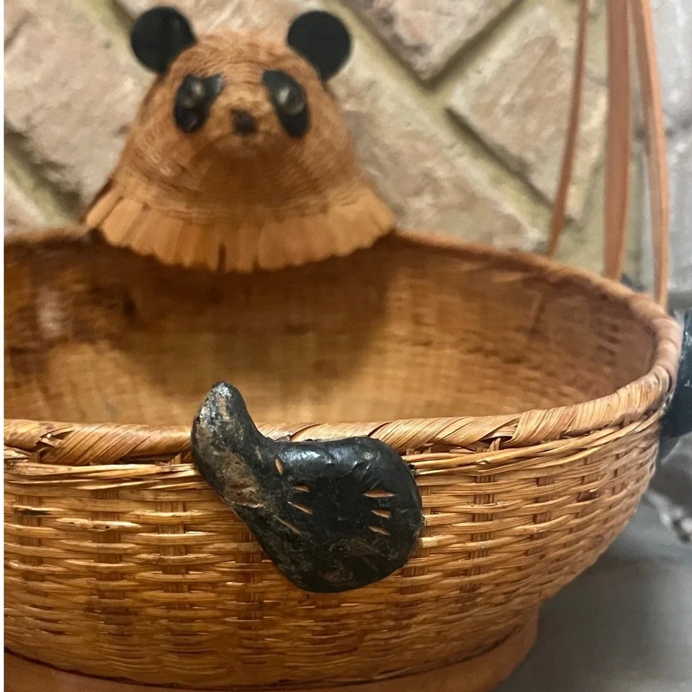 Vtg Shanghai Wicker Rare Panda basket wood and wicker Boho woven rattan Folk Art